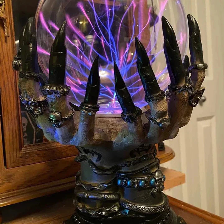 DarkAura - Lampada da mano scheletro gotica con sfera di cristallo luminosa