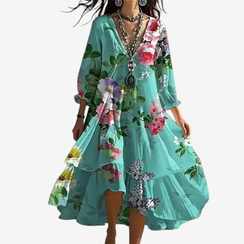 Floravia – Floral Midi Dress with V-Neck and Long Sleeves