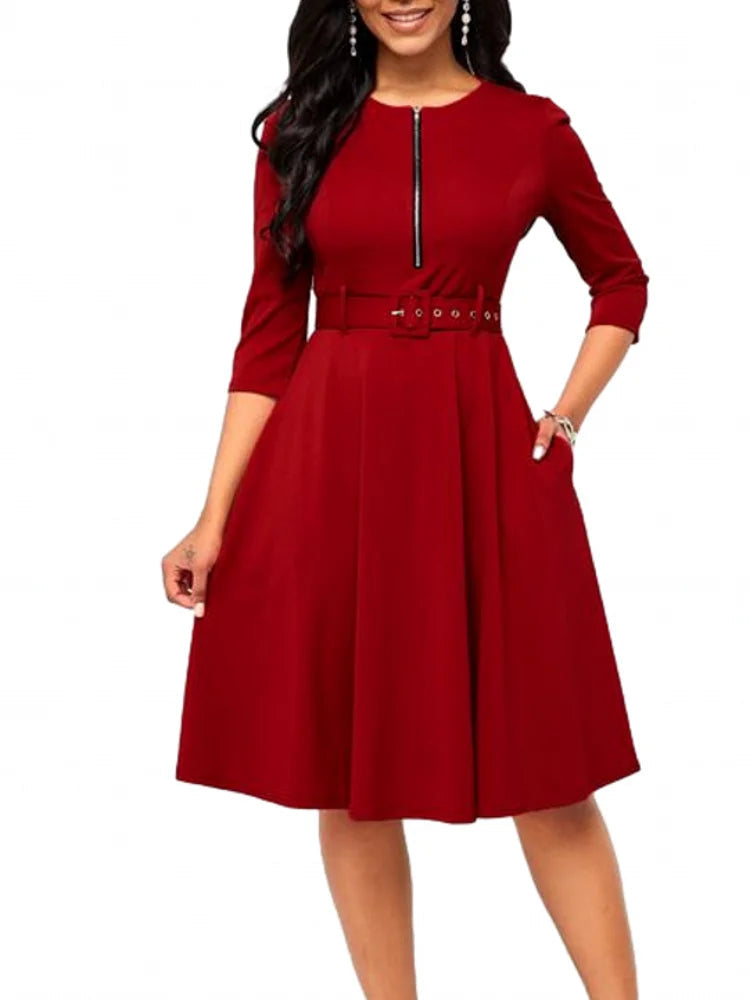 Mirella - Élégante robe midi à manches courtes et encolure ronde