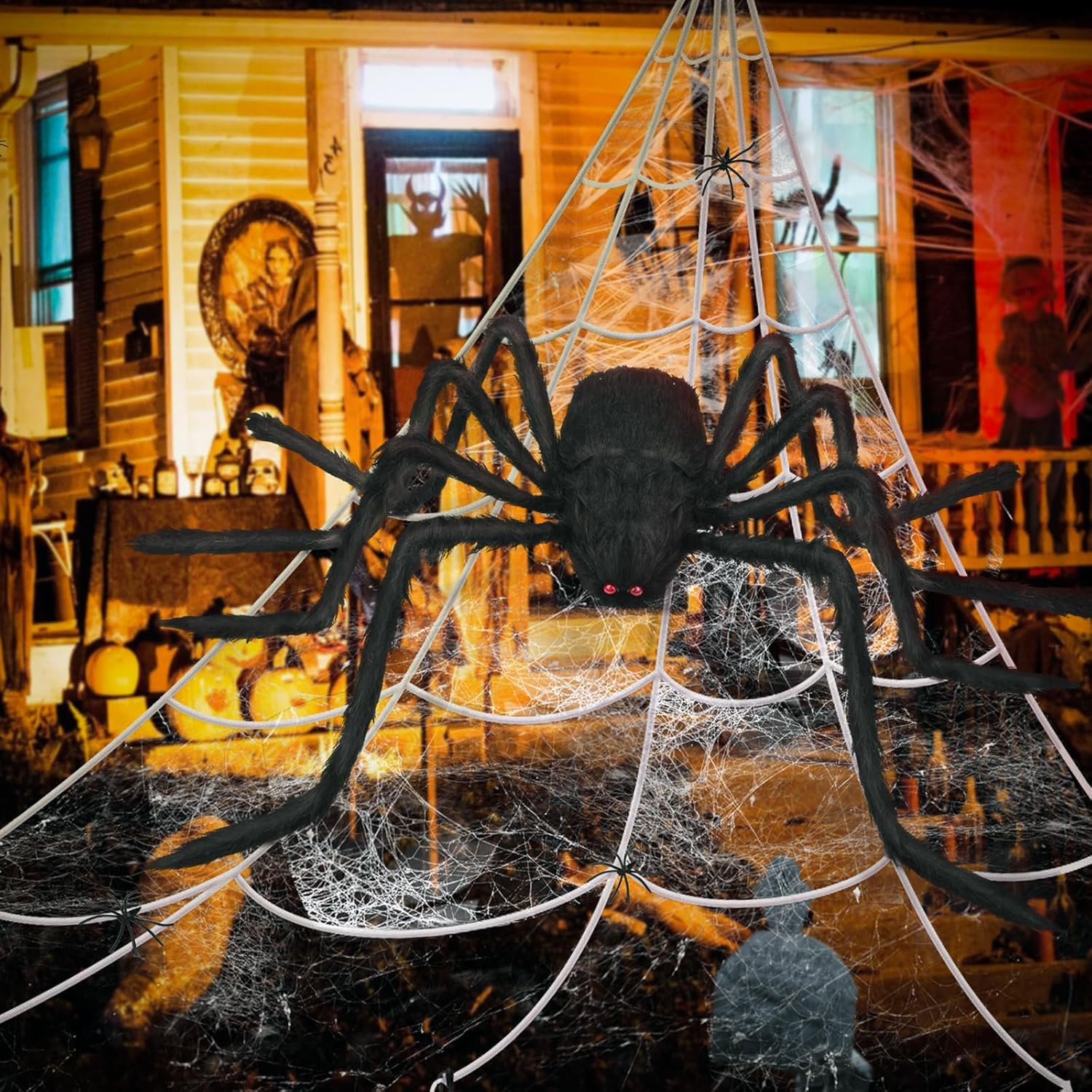 Sada halloweenských dekorací s pavouky a natahovací pavučinou