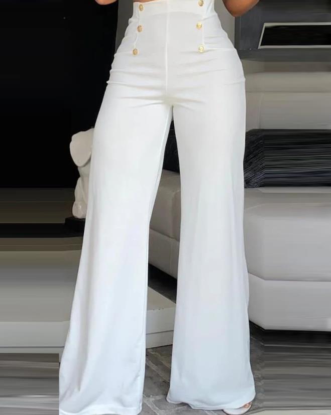 Mia - Odważne szerokie spodnie z wysokim stanem i eleganckim guzikiem