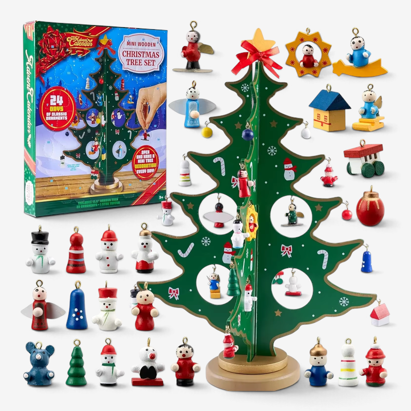 PineCharm – Calendar de Advent din lemn în formă de brad de Crăciun, cu 24 de ornamente