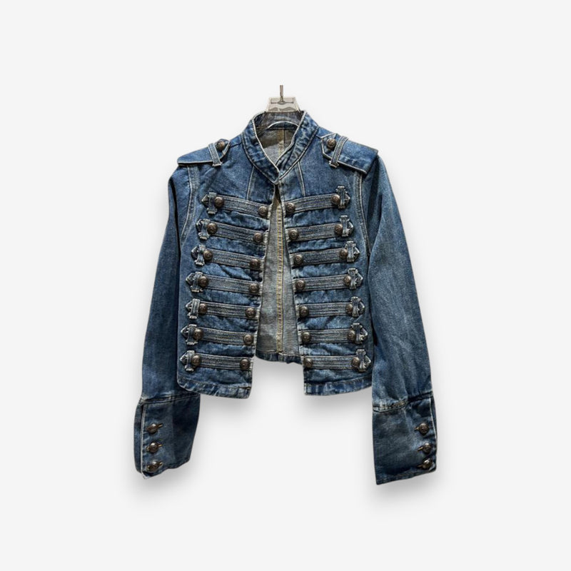 Amelia – Jachetă din denim cu mânecă lungă și guler ridicat | Deschidere cu nasturi în față | Nasturi decorativi | Pentru ținute casual și semi-formale