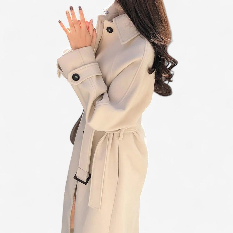 Lina - Trench Coat a Manica Lunga con Colletto a Risvolto, Cintura in Vita e Tasche Multiple