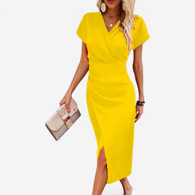 Robe midi femme à col en V avec fente latérale