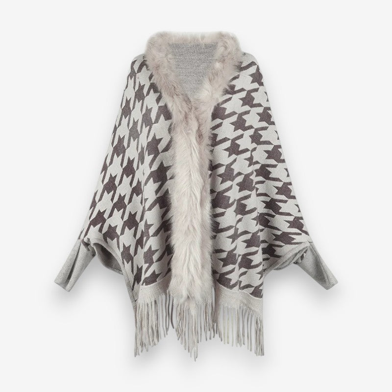 Arwenna – Poncho con maniche lunghe, colletto in pelliccia e motivo a stelle