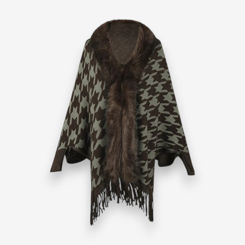 Arwenna – Poncho con maniche lunghe, colletto in pelliccia e motivo a stelle