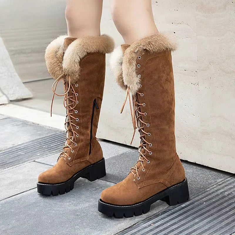Ravqelia – Lace-Up High Boots with Foldable Fur Collar