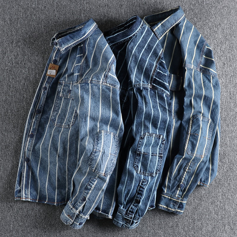 Archer - Camicia di jeans a righe con chiusura a bottoni e tasche sul petto