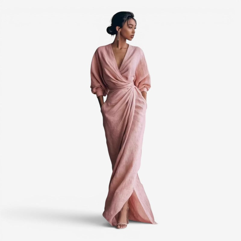Robe longue pour femme à col en V avec taille drapée