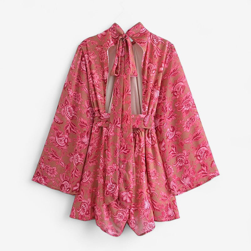 Mia – Salopetă cu mâneci lungi, spate decupat și imprimeu floral