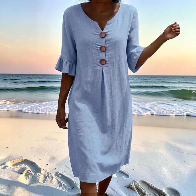 Women's V Neck Midi Dress with Button Front