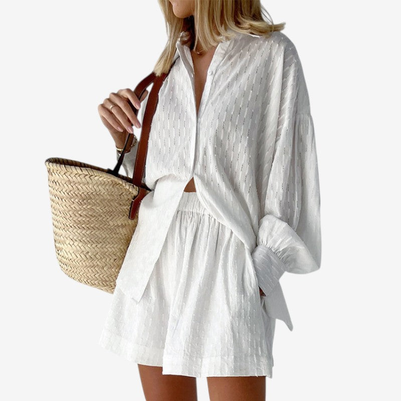 Conjunto de 2 piezas para mujer: camisa con mangas abullonadas y pantalones cortos