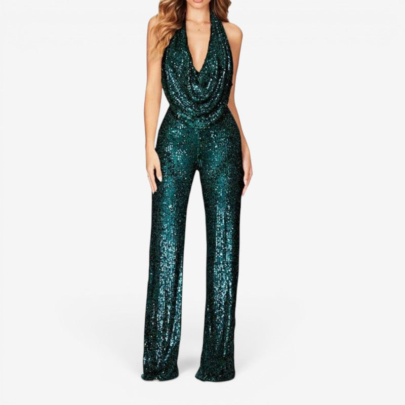 Tuta da donna con paillettes, gamba dritta e collo all'americana