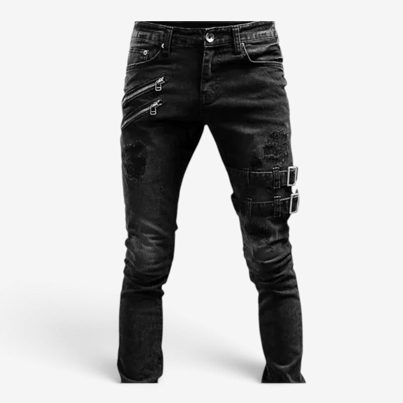 Denimly - Skinny Distressed Jeans with Zipper and Buckle Details