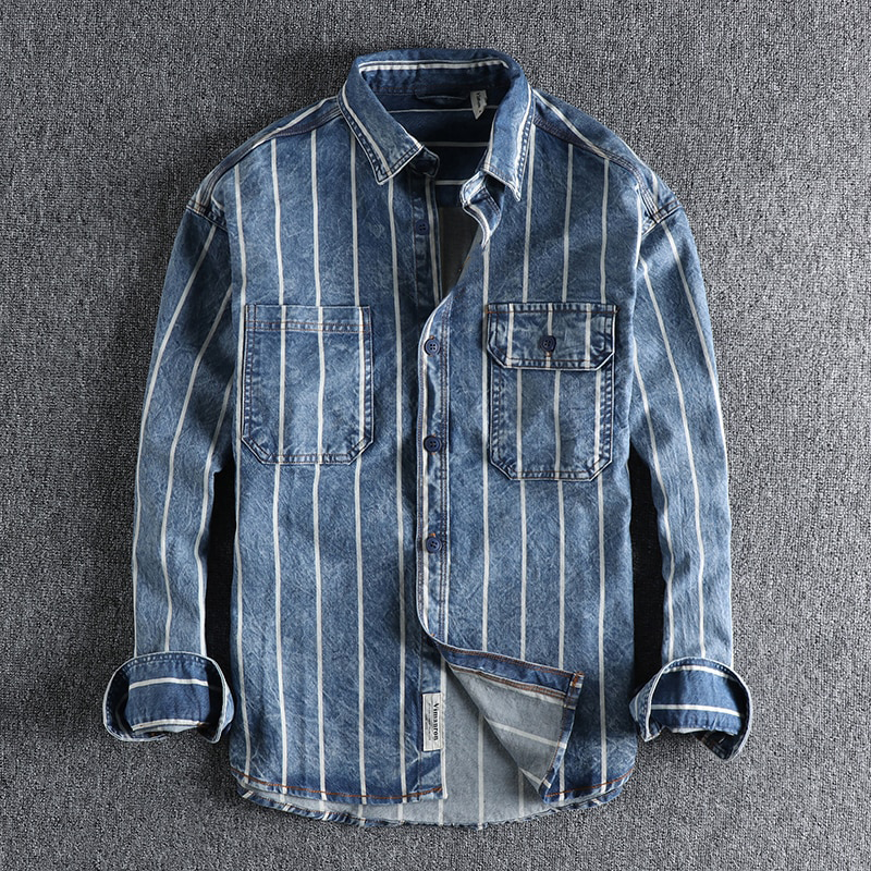 Archer - Camicia di jeans a righe con chiusura a bottoni e tasche sul petto
