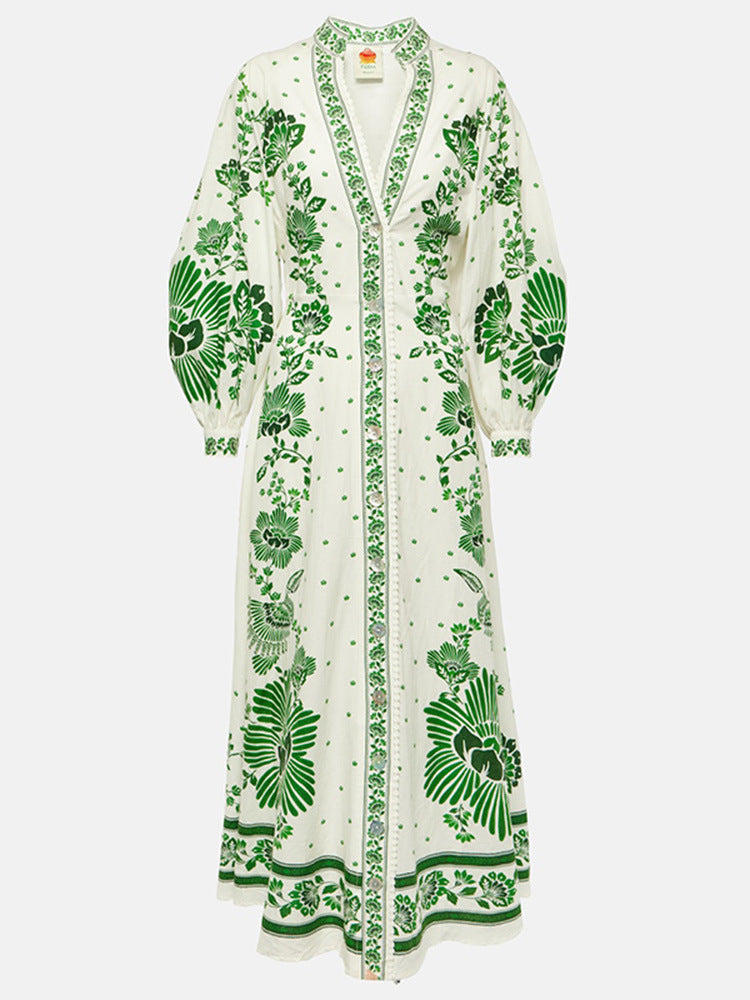 Mariah – Trendy V-neck maxi dress with long sleeves and waist band