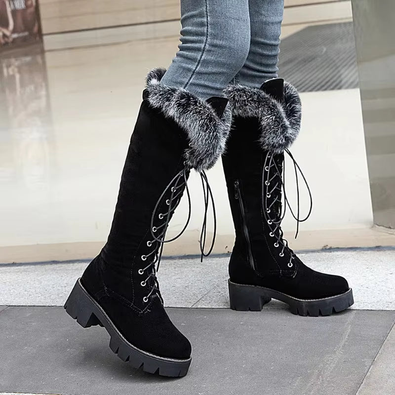 Ravqelia – Lace-Up High Boots with Foldable Fur Collar