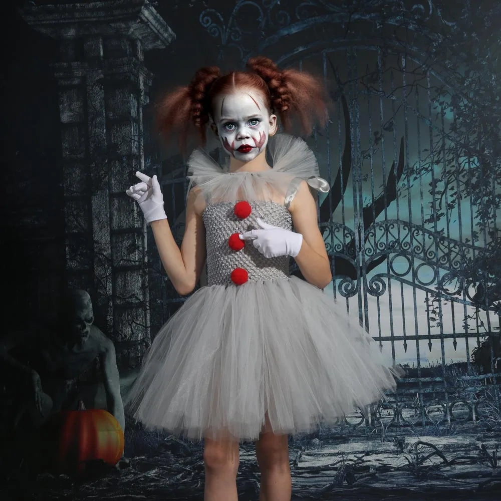 Charlotte – Sukienka tutu inspirowana klaunem z czerwonymi pomponami i tiulową spódnicą na Halloween lub przebieranki