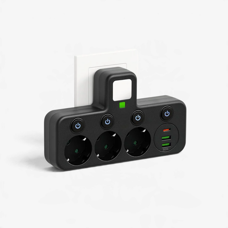 Regleta VoltNexa de 3 tomas con puertos de carga USB y Type-C