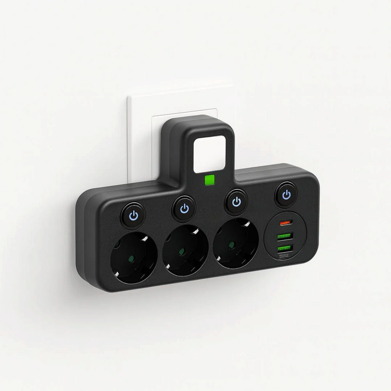 Regleta VoltNexa de 3 tomas con puertos de carga USB y Type-C