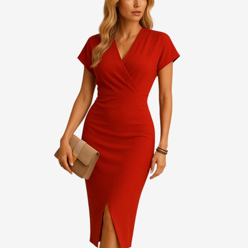 Robe midi femme à col en V avec fente latérale