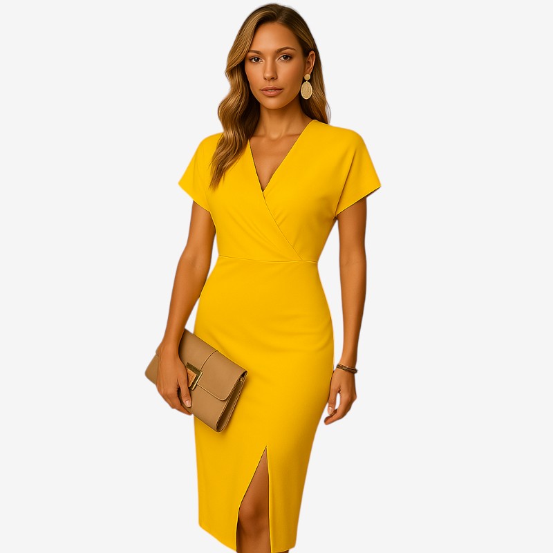 Robe midi femme à col en V avec fente latérale