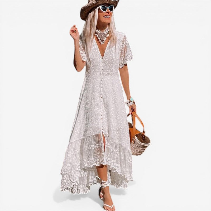 Loose Fit Short Sleeve Dress with V-Neck