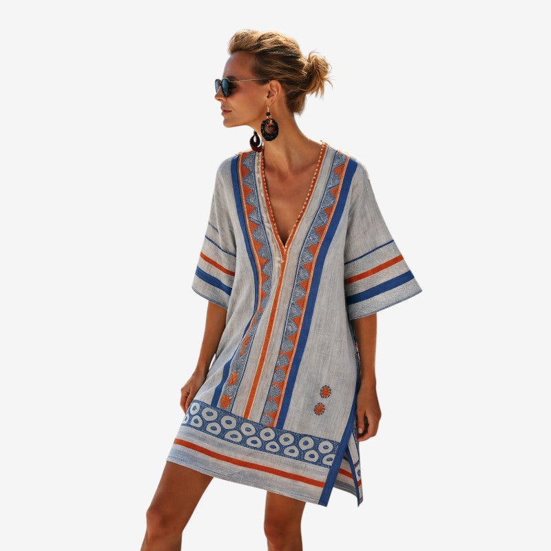 Women's Bohemian Print Midi Dress with Short Sleeves