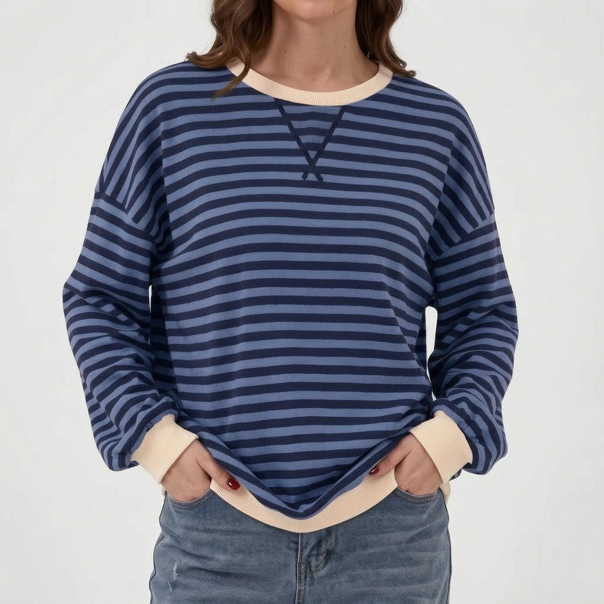 StripeCross – Oversized Striped Sweater with Round Neck and Cross-Stitch Detail