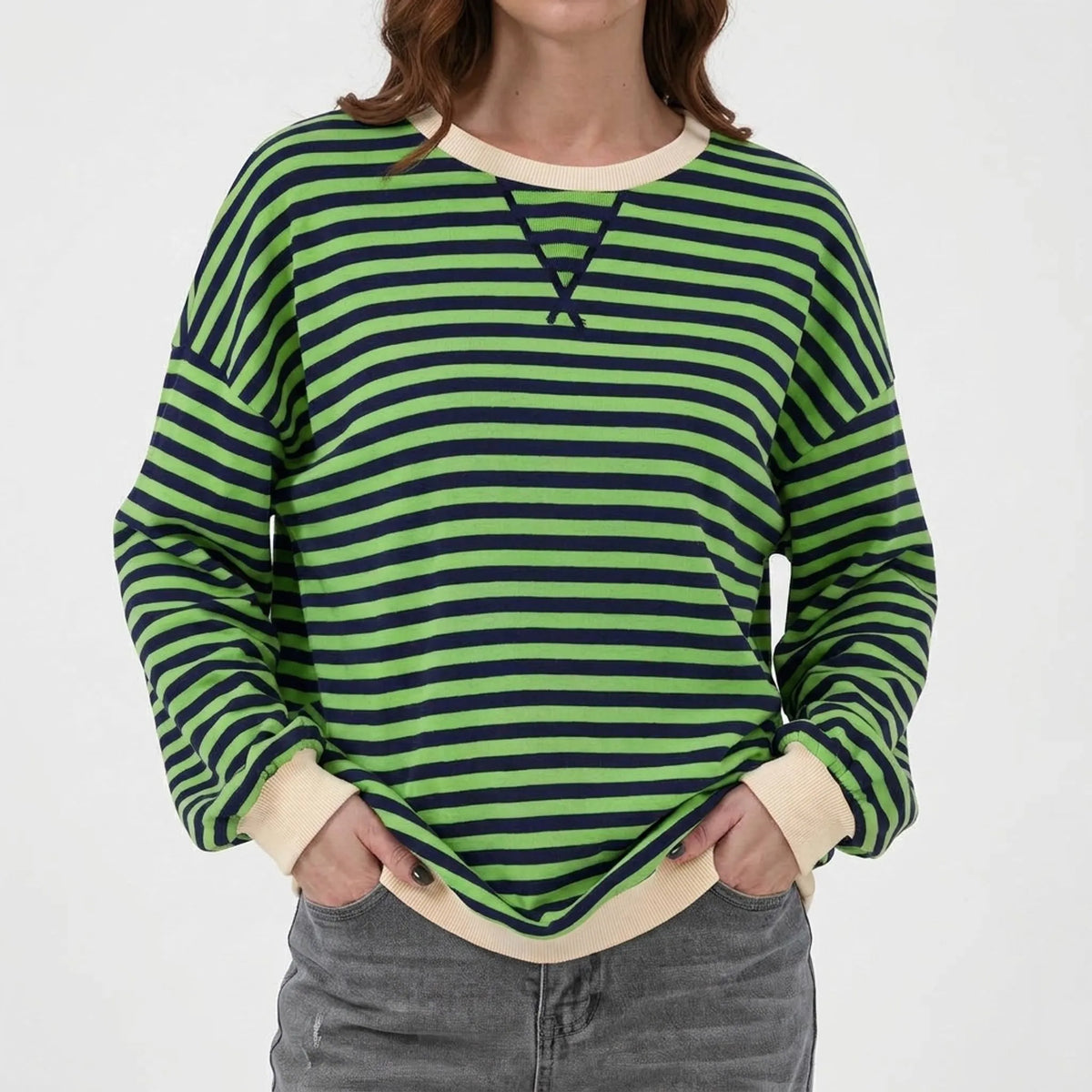 StripeCross – Oversized Striped Sweater with Round Neck and Cross-Stitch Detail