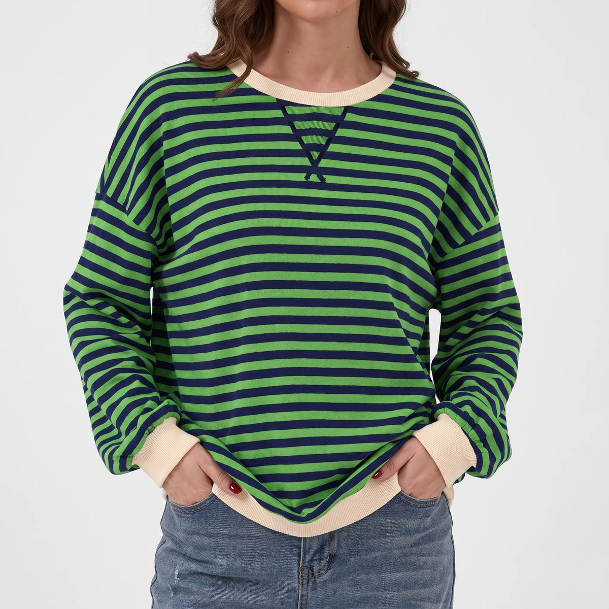 StripeCross – Oversized Striped Sweater with Round Neck and Cross-Stitch Detail