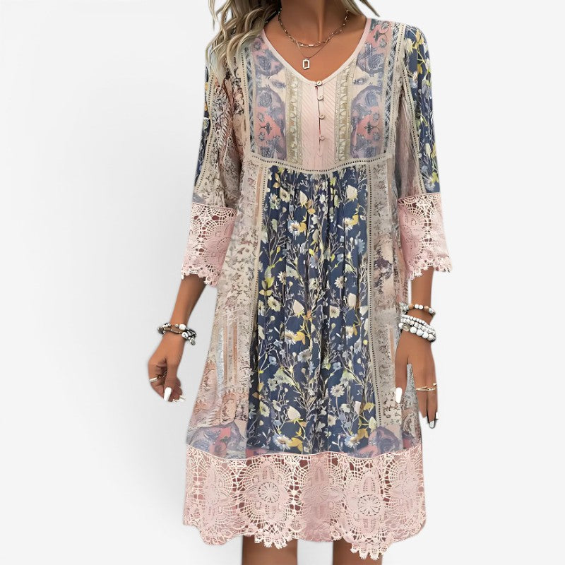 Vestito Midi Donna con Scollo a V e Motivo Stampato