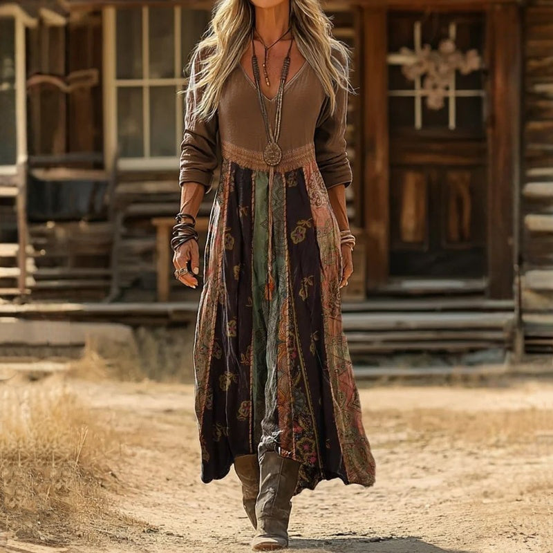 Women’s Maxi Dress with V-Neck and Patchwork Print