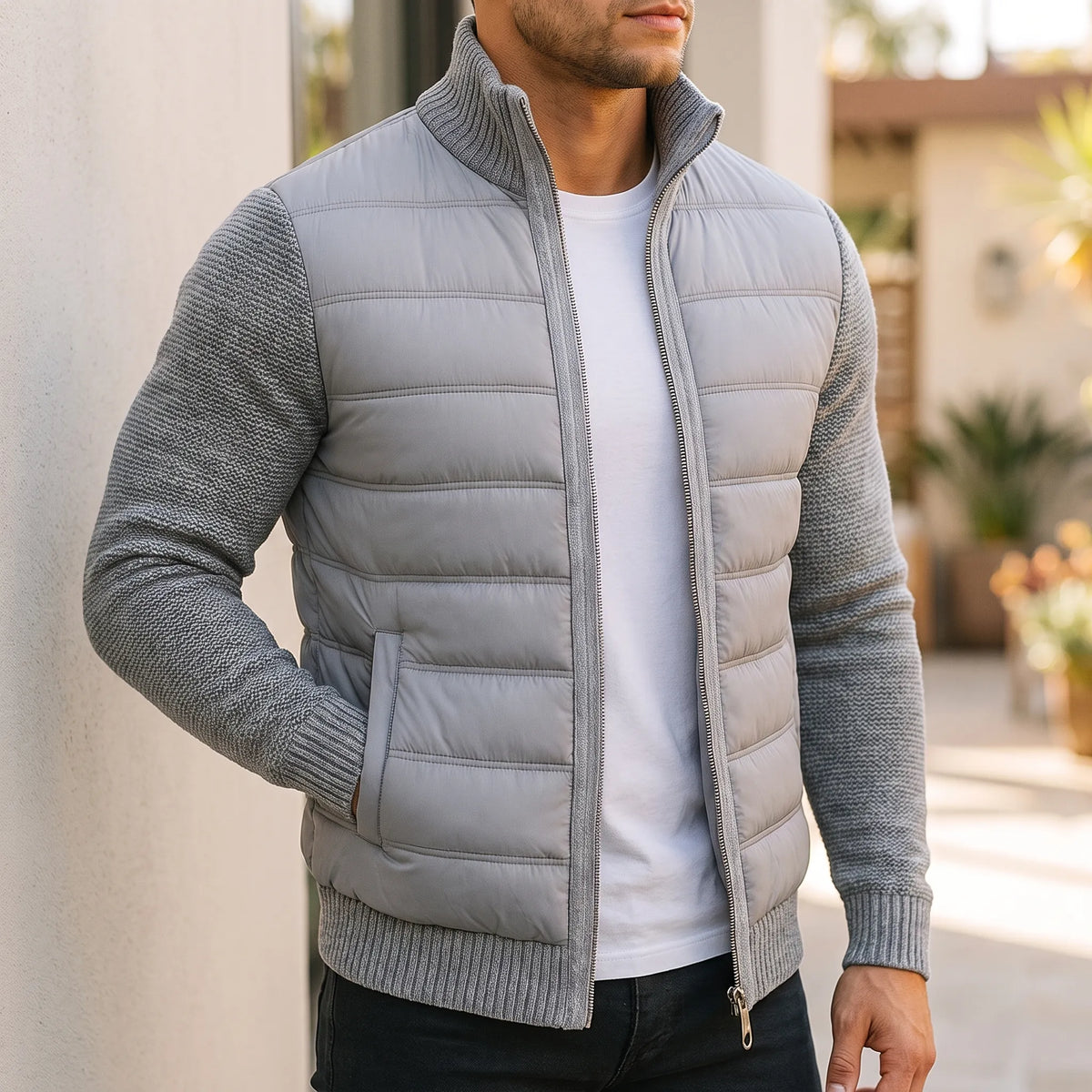 QuiltWeave – Gilet matelassé avec manches en maille et col montant