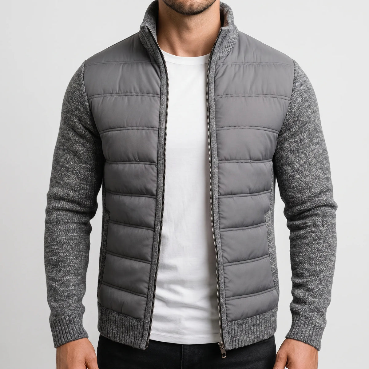 QuiltWeave – Gilet matelassé avec manches en maille et col montant