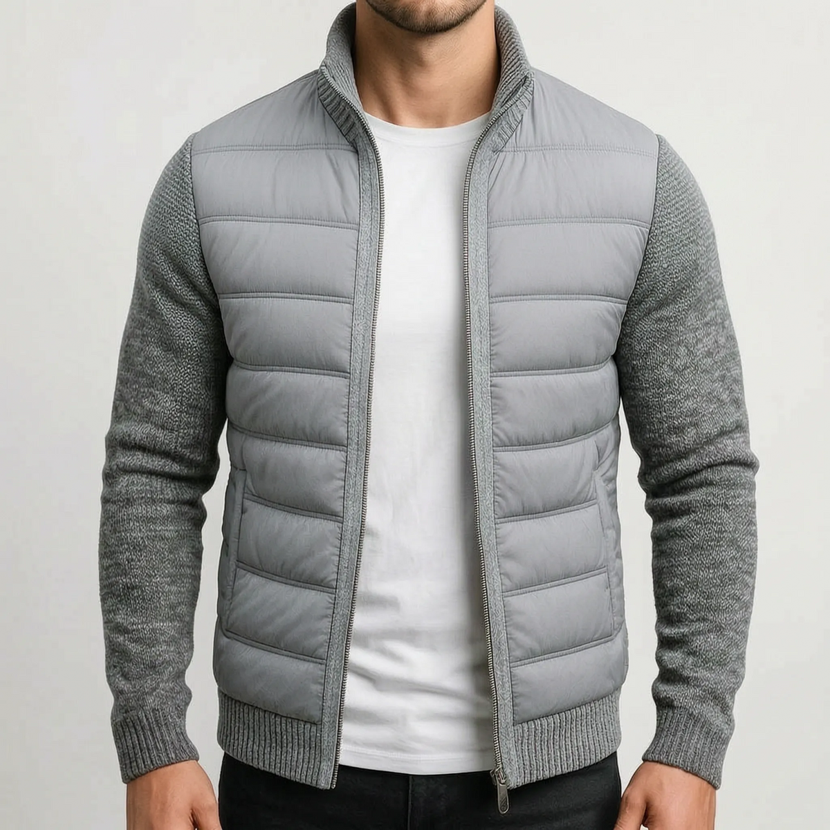 QuiltWeave – Gilet matelassé avec manches en maille et col montant