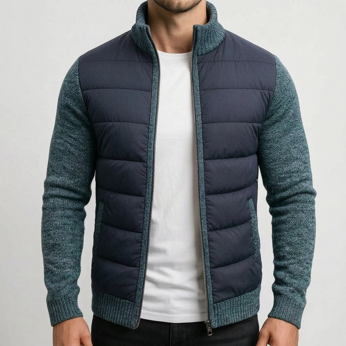 QuiltWeave – Gilet matelassé avec manches en maille et col montant