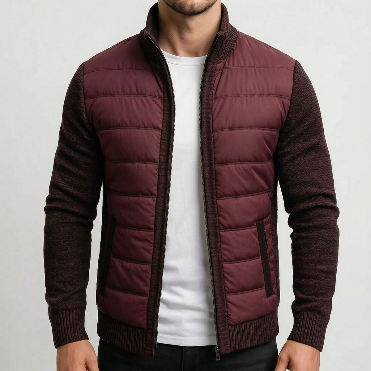 QuiltWeave – Gilet matelassé avec manches en maille et col montant