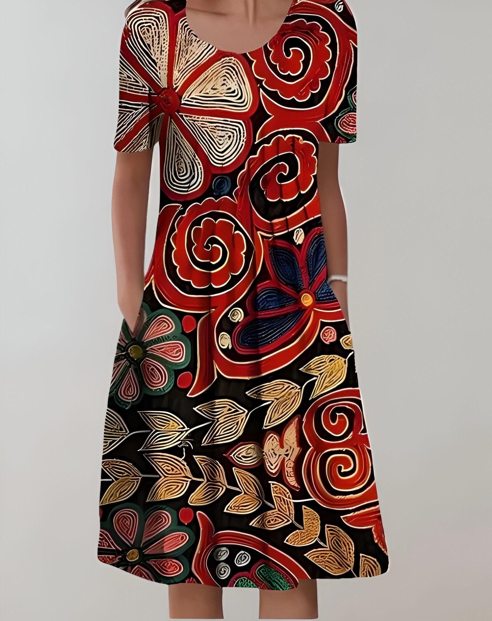 Mia – Elegant Printed A-line Dress with Short Sleeves and Round Neckline