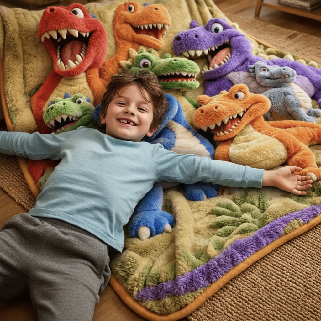 DinoSnuggle - Couverture en peluche avec motif de dinosaure en 3D