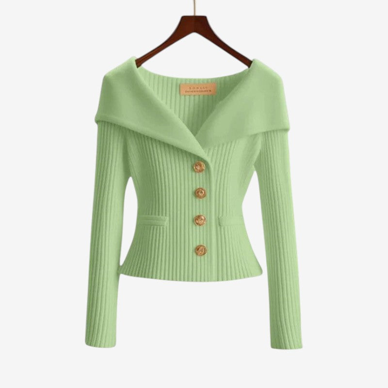 Women’s Off-Shoulder Button-Front Knit Sweater with Pockets