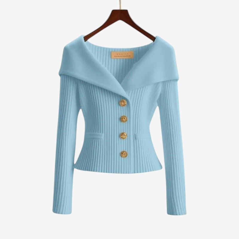 Women’s Off-Shoulder Button-Front Knit Sweater with Pockets