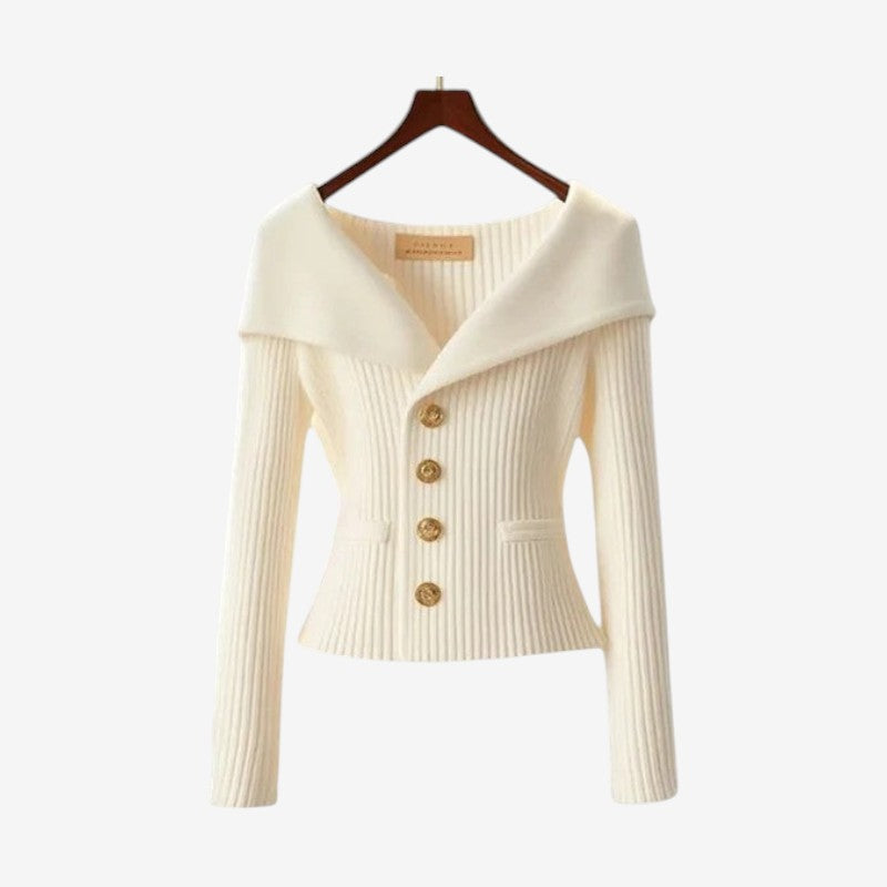 Women’s Off-Shoulder Button-Front Knit Sweater with Pockets