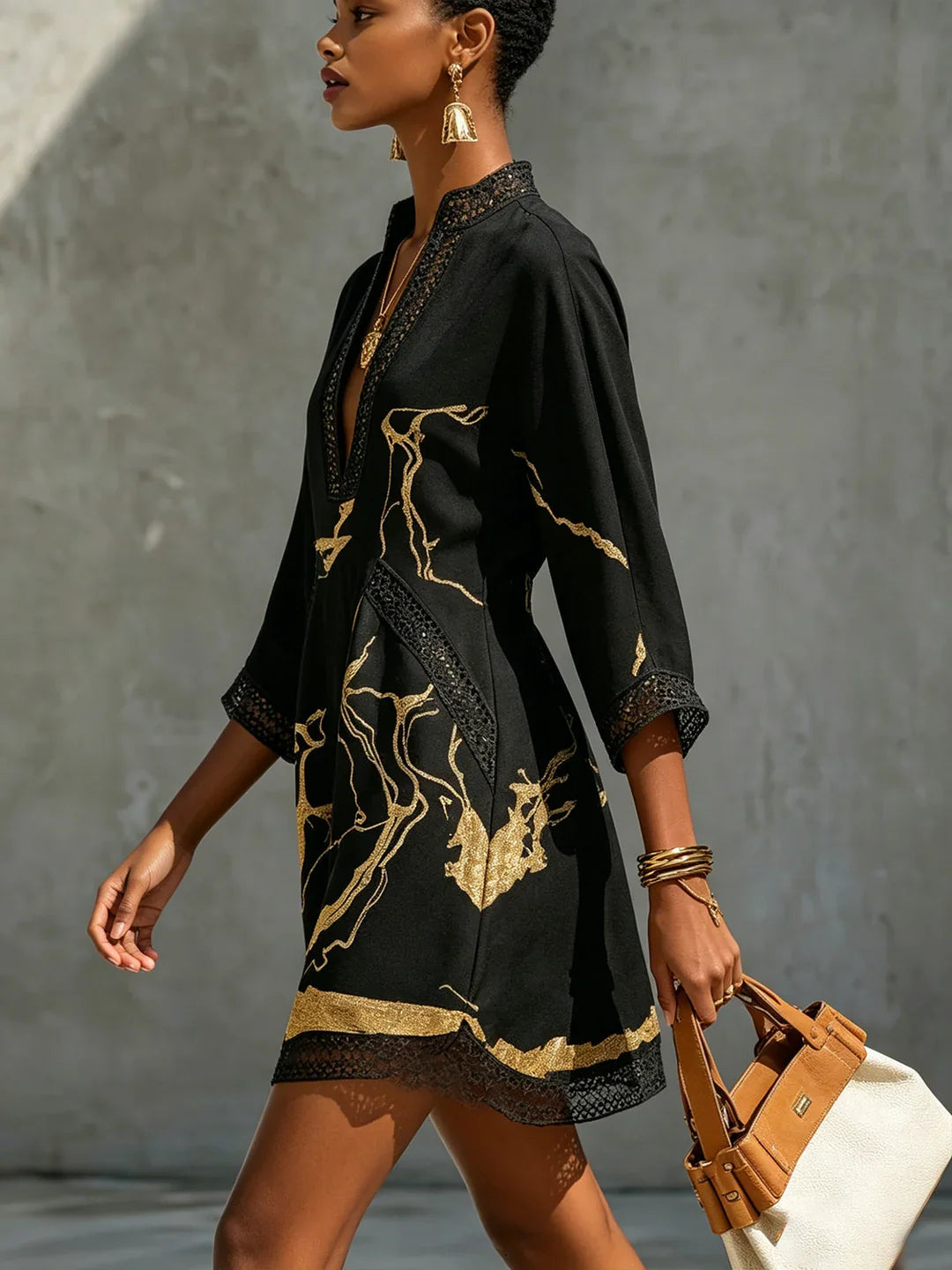 Black Mini Dress with Gold Marble Pattern