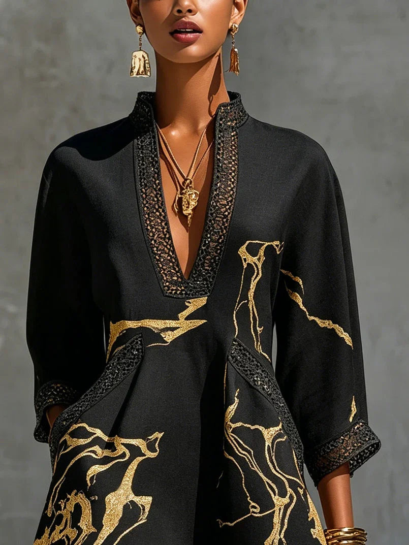 Black Mini Dress with Gold Marble Pattern