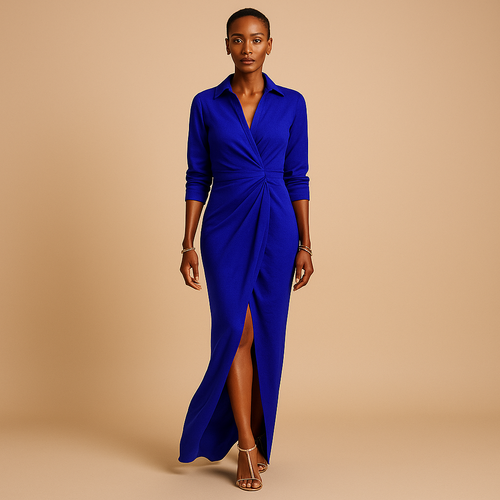 Elina - Elegante abito lungo a linea A con scollo a V e maniche a metà