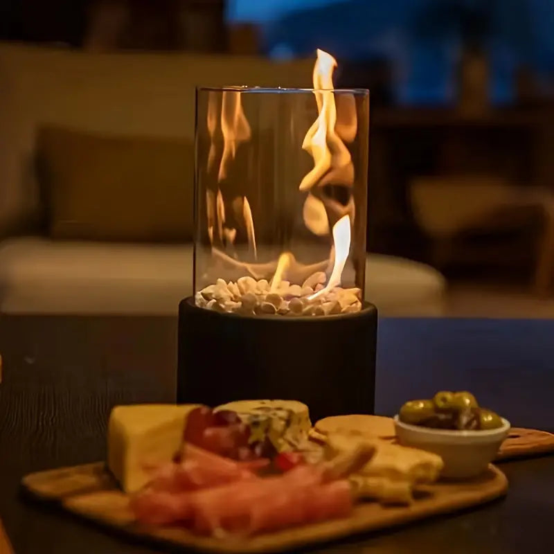 LumiFlame – Caminetto da tavolo portatile e lineare con cilindro di vetro per calore moderno