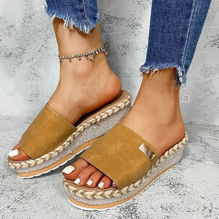 Marivelle - Raffia Wedge Mules with Wide Strap