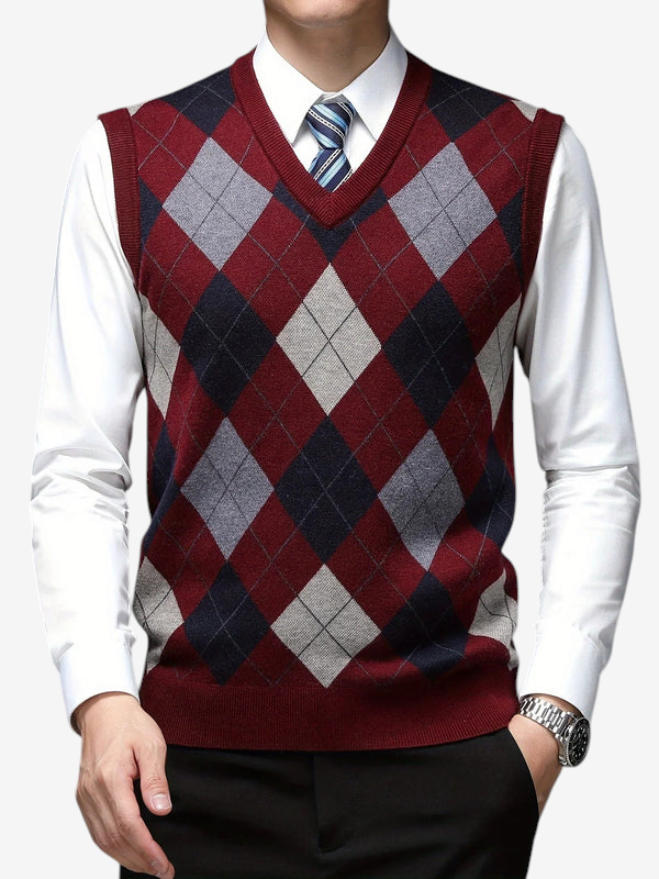 ArgyleVest – Sleeveless V-Neck Knit Pullover with Geometric Argyle Pattern